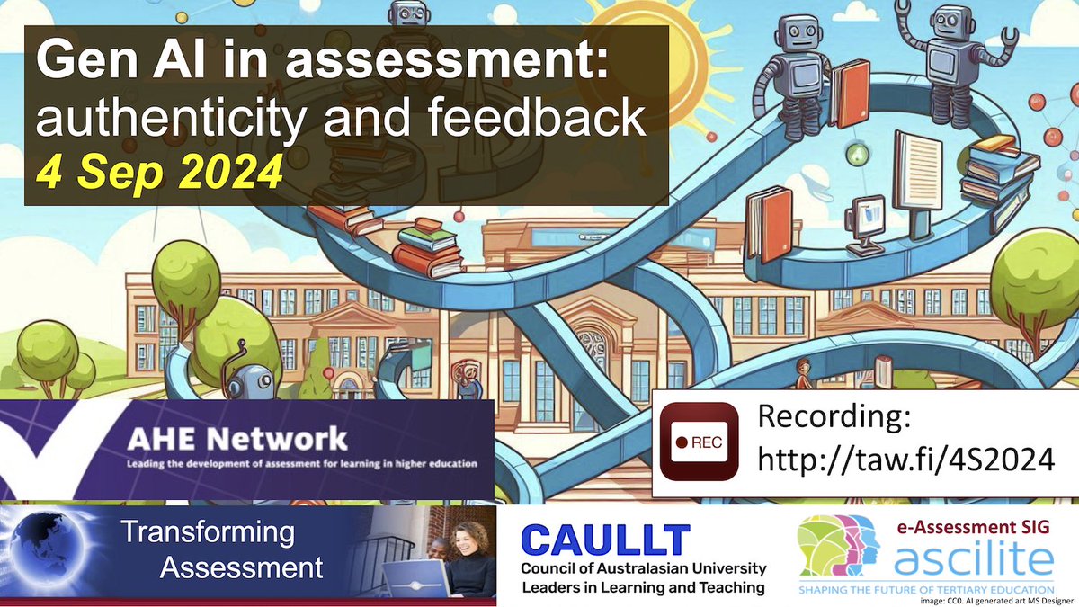 Transform Assessment (@transformassess) on Twitter photo Recording "Gen AI in assessment: authenticity and feedback" with <a href="/AheConference/">AHE Conference</a> View taw.fi/4S2024 Attn: <a href="/ascilite/">ASCILITE</a> @caullt <a href="/eAssess/">The eAssessment Association</a> <a href="/TEQSAGov/">TEQSA</a> <a href="/CRADLEdeakin/">CRADLE: Find us on Bluesky</a> <a href="/NCVER/">NCVER</a> <a href="/auselearn/">E-learning Strategy</a> <a href="/ACENau/">ACEN</a> <a href="/ACODEnews/">ACODE exec</a> @JISC @HERDSA3 <a href="/ODLAAorg/">ODLAA: Borderless Learning | Transforming Futures</a> <a href="/AuthAssmtMat/">authenticassessment</a> <a href="/ENAIntegrity/">ENAI</a> <a href="/QQI_connect/">QQI</a> <a href="/QAAtweets/">QAA</a> Recording "Gen AI in assessment: authenticity and feedback" with <a href="/AheConference/">AHE Conference</a> View taw.fi/4S2024 Attn: <a href="/ascilite/">ASCILITE</a> @caullt <a href="/eAssess/">The eAssessment Association</a> <a href="/TEQSAGov/">TEQSA</a> <a href="/CRADLEdeakin/">CRADLE: Find us on Bluesky</a> <a href="/NCVER/">NCVER</a> <a href="/auselearn/">E-learning Strategy</a> <a href="/ACENau/">ACEN</a> <a href="/ACODEnews/">ACODE exec</a> @JISC @HERDSA3 <a href="/ODLAAorg/">ODLAA: Borderless Learning | Transforming Futures</a> <a href="/AuthAssmtMat/">authenticassessment</a> <a href="/ENAIntegrity/">ENAI</a> <a href="/QQI_connect/">QQI</a> <a href="/QAAtweets/">QAA</a>