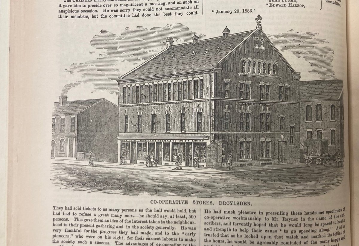 CoopHeritage's tweet image. Early editions of the Co-op News included features on different societies.
Before photographs, there was some illustration in the papers, but not much. 
From January 1883, the illustration here was with an article celebrating 21 years of the Droylsden Store. #CoArchive #Coop180
