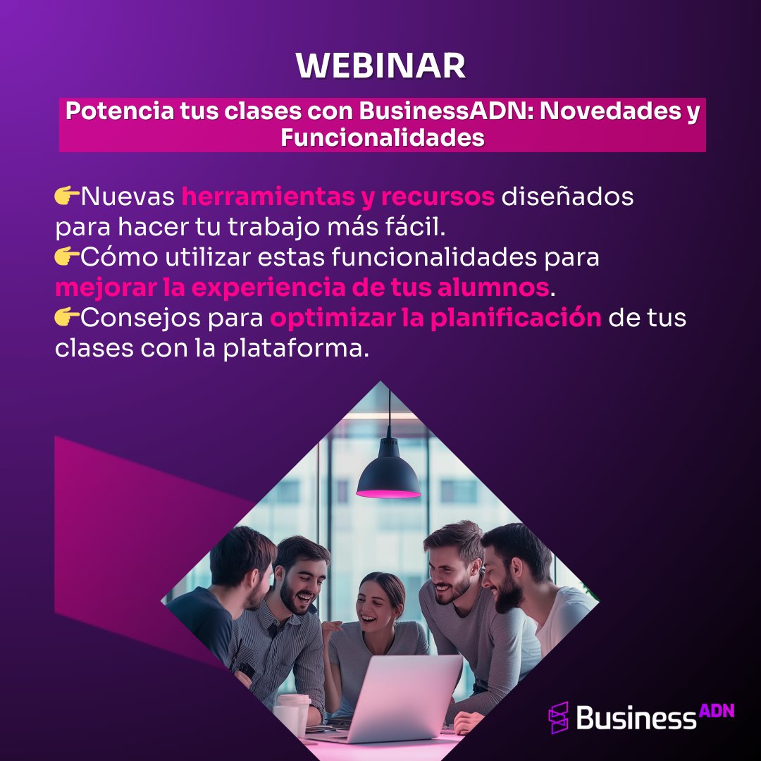 ¿Nos vemos en el webinar de mañana?
👉Potencia tus clases con #BusinessADN: Novedades y funcionalidades 😉

Mañana a las 11:00h (Hora peninsular) aquí 👉 meet.google.com/egc-vcqs-hgc