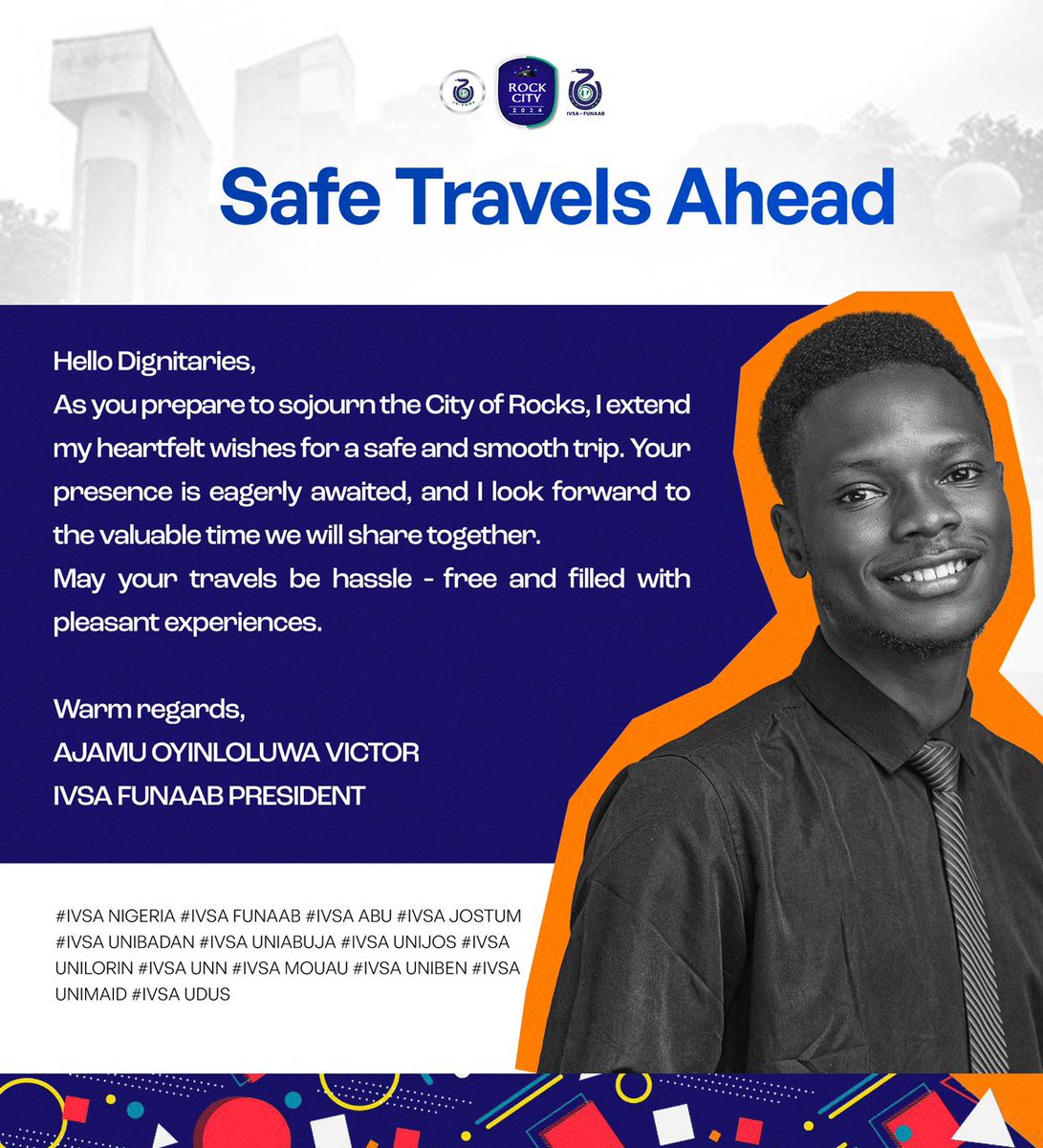 IVSANigeria1's tweet photo. Itβs my earnest desire to see you all arrive safely to the CITY OF ROCKSβ¦
I wish you all a Hassle- free ride and filled with experiences π₯π₯π₯
#ROCKCITY
#IVSANIGERIA
#IVSAFUNAAB https://t.co/sXDvVeGjy8