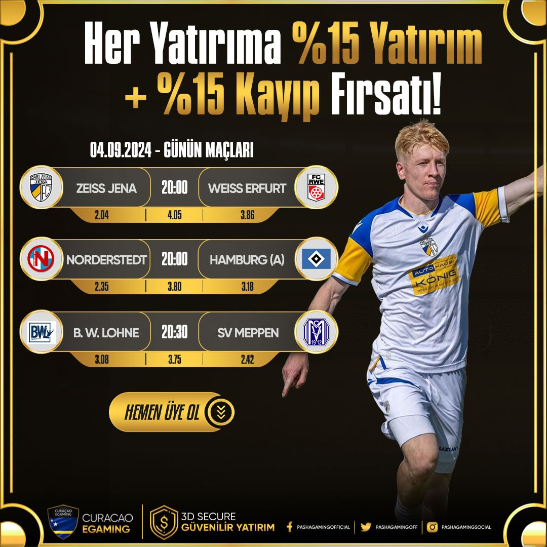 👑#PASHAGAMING'DEN %100 SPOR HOŞGELDİN BONUSU!

📺TÜM MAÇLARI HD KALİTEDE CANLI İZLE!

⚽Zeiss Jena - Weiss Erfurt
⚽Norderstedt - Hamburg (A)
⚽B. W. Lohne - SV Meppen

💝%30'A VARAN SPOR KAYIP BONUSU

ℹ️ bit.ly/PashagamingWp

#pashagaming #bahis #bonus #casino