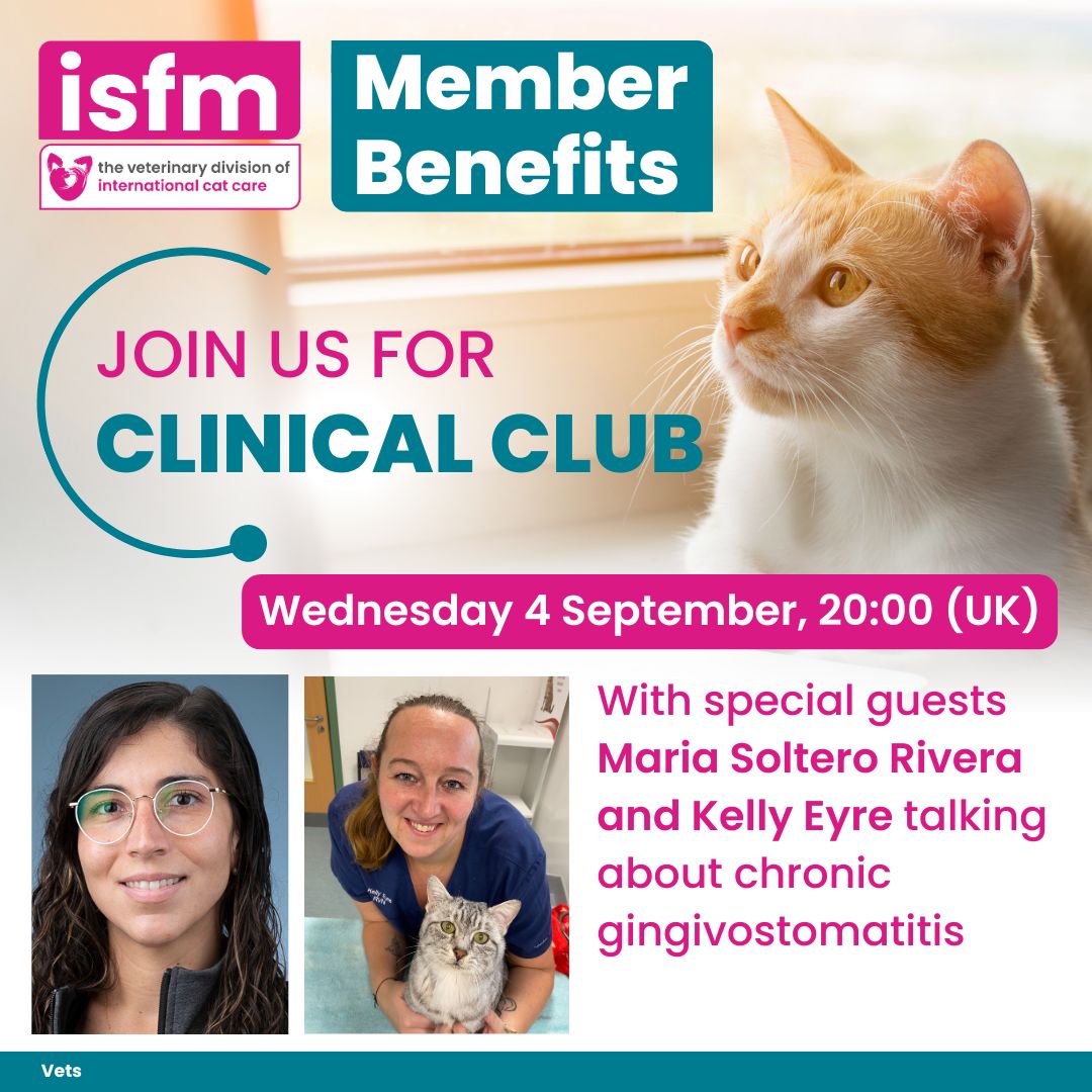 ISFMcats's tweet photo. 🩺 ISFM Vet Members – join us tonight at 20:00 (UK) for your exclusive #ClinicalClub! 👩💻 Maria Soltero Rivera returns to talk more about chronic gingivostomatitis following her webinar. She will also be joined by Kelly Eyre.
Check your memberships emails for how to join 📧 https://t.co/lPqnBDBENK
