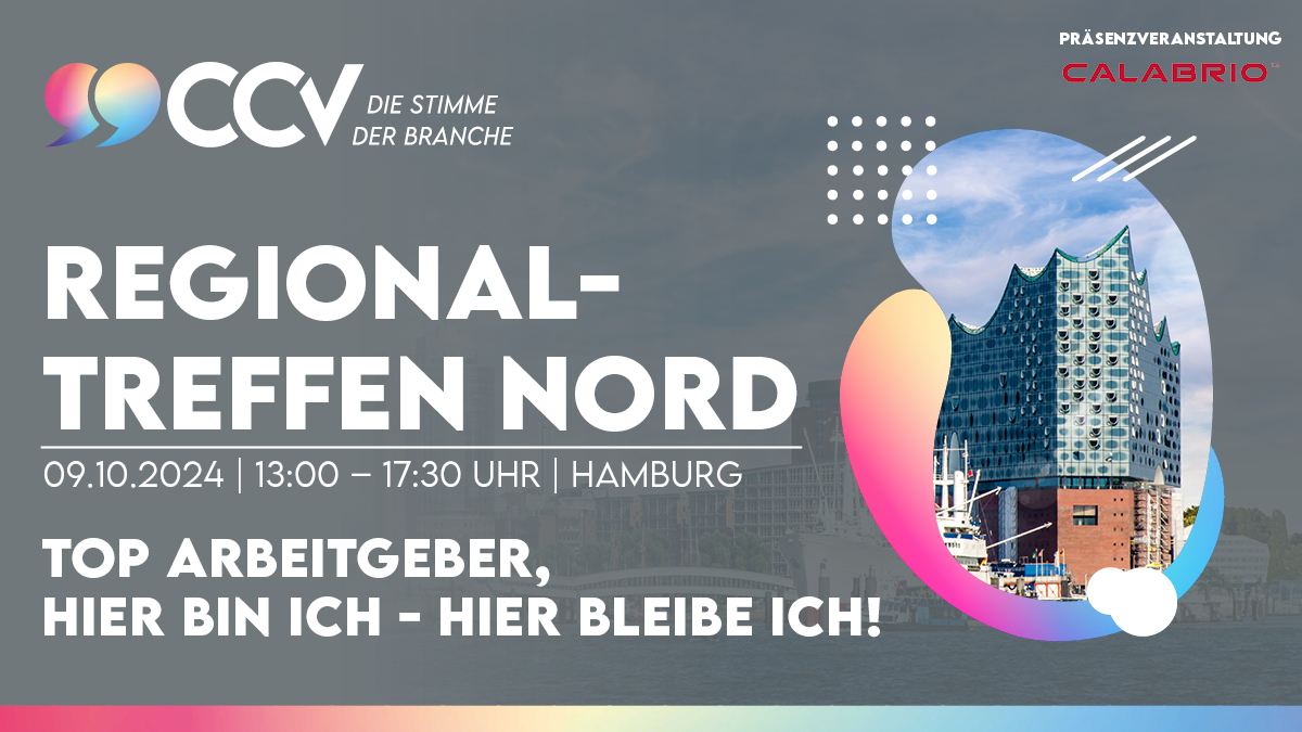 ccvev's tweet image. CCV-Regionaltreffen Nord am 09.10.2024 bei @hamburgwasser in Hamburg
Unser Thema: „TOP Arbeitgeber, hier bin ich – hier bleibe ich!“
Jetzt kostenfrei anmelden: cc-verband.de/termin/ccv-reg…
Mit Abendessen auf Einladung von @Calabrio
#CCVev #CustomerService #Callcenter #Contactcenter