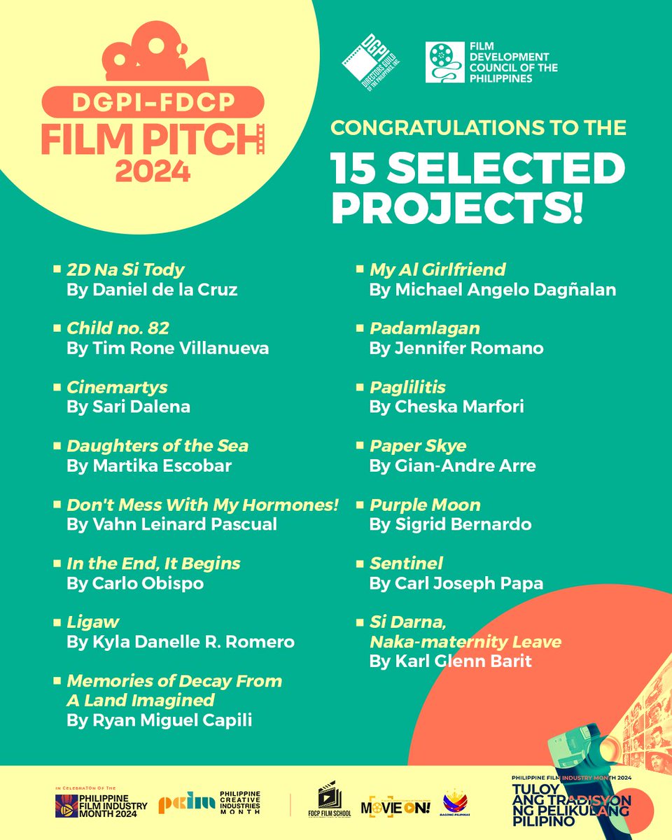 fdcpofficial's tweet image. CONGRATULATIONS TO THE SELECTED 15 PROJECTS!🎥🎬 The Directors&apos; Guild of the Philippines, Inc. (DGPI) and the FDCP are thrilled to announce the fifteen (15) finalists for the DGPI-FDCP Film Pitch 2024, happening on September 27 at Seda Vertis North.
#DGPI #FilmSchool