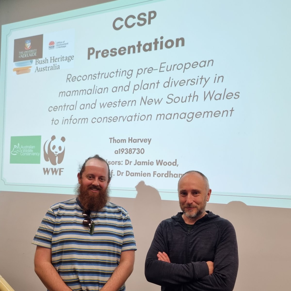 ACAD_Research_'s tweet image. Congratulations to Thom Harvey on a stellar CCSP talk about his work in "Reconstructing pre-European mammalian and plant diversity in central and western New South Wales to inform conservation management" using sedimentary DNA. He is supervised by Jamie Wood and Damien Fordham.