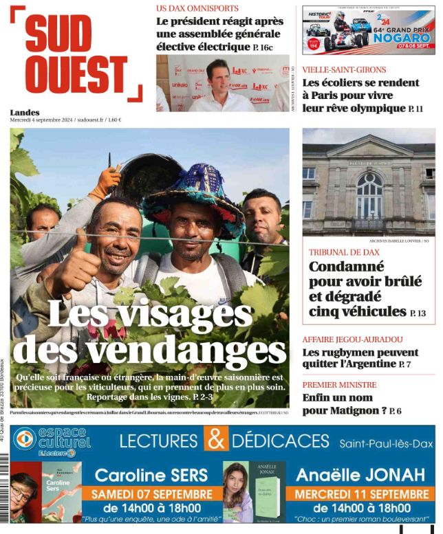 🗞️📰Voici la Une de notre édition des Landes de ce mercredi 4 septembre 2024
▶️Lisez « Sud Ouest » sur le Web, tablette et mobile >>> Découvrez Sud Ouest Numérique bit.ly/2EFI75Z