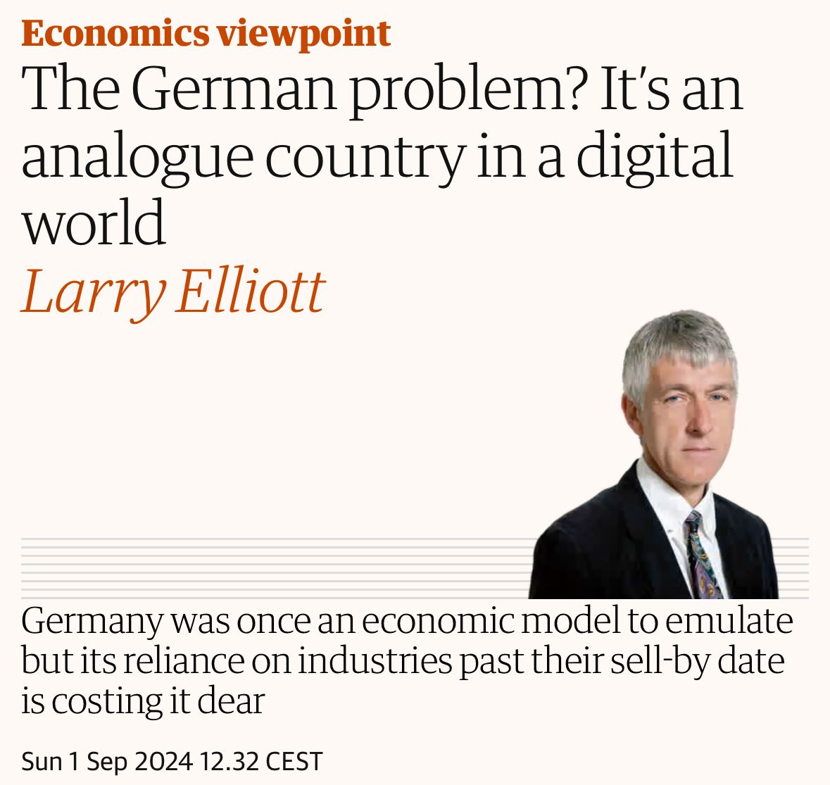 Lesenswerter Blick aus dem Ausland, wie wir in 🇩🇪 den Trend zu E-Autos, KI etc. verschlafen.

“Germany became the victim of its own success. It saw no reason to change the model and invested too little in physical, human and digital infrastructure.”

theguardian.com/business/artic…