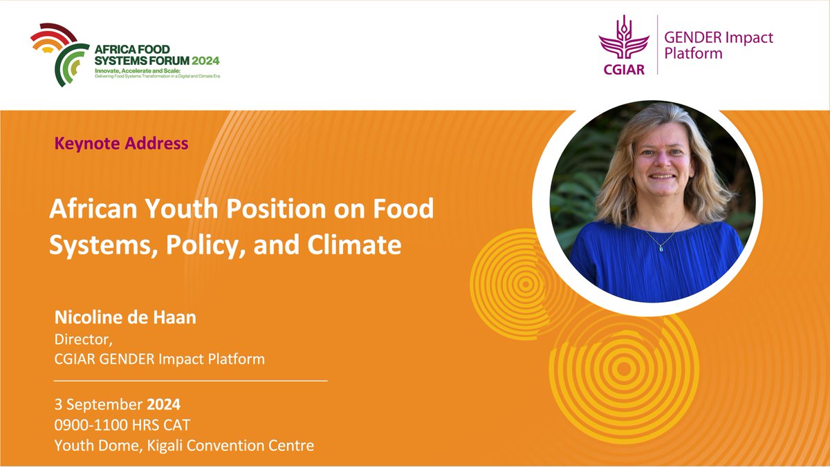 🔇 Keynote address at the #AFSForum2024

<a href="/CGIARgender/">CGIAR GENDER</a> Director Nicoline de Haan-<a href="/ncdehaan/">Nicoline de Haan</a>
will give speak on 'Youth in International Agricultural Research for Development'.    Join us at the Youth Dome : on.cgiar.org/4cUScIr #InnovateAccelerateScale

<a href="/TheAGRF/">AFS Forum</a>