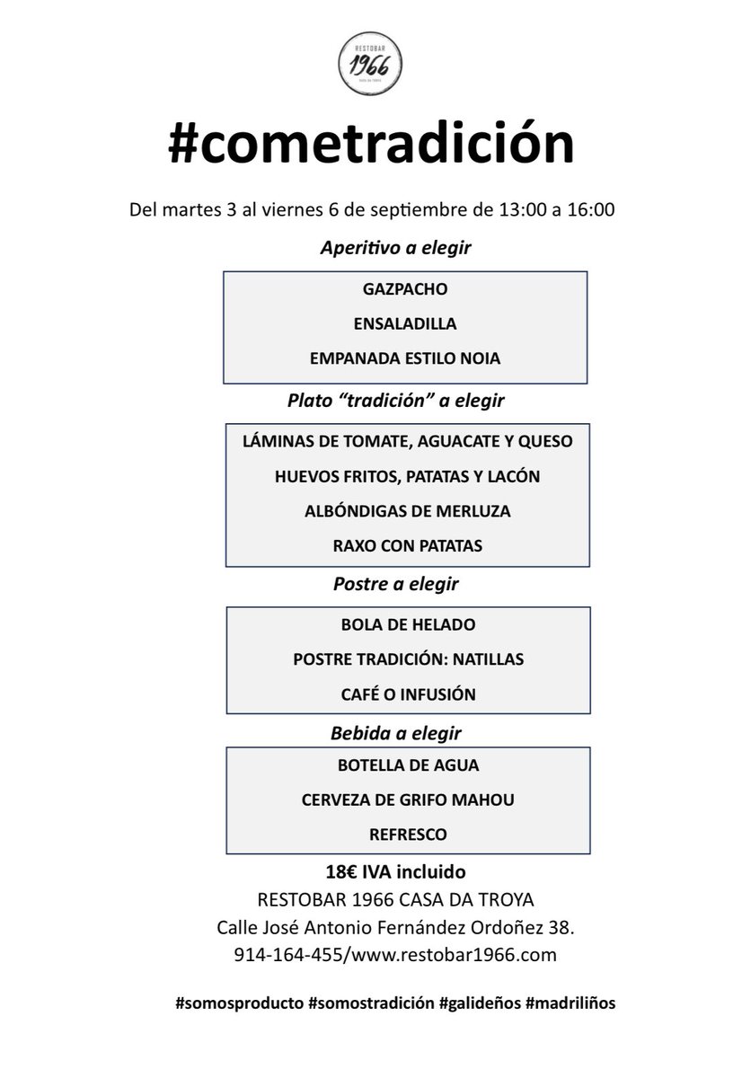 Cada semana 3 opciones de aperitivo, 4 opciones de plato del día, postre o café. Así es nuestro #cometradición de martes a viernes de 13 a 16: ingredientes de aquí y recetas de siempre. #somosproducto #somostradición #galideños #madriliños