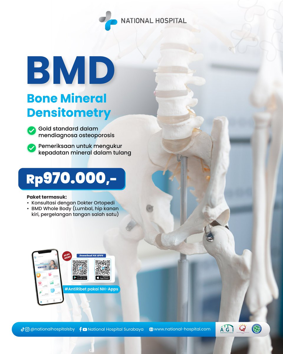 Skrining kepadatan tulang kamu sekarang melalui Medical Check up Bone Mineral Densitometry (BMD) di National Hospital. Ambil penawaran menarik Medical Check Up BMD harga spesial Rp 970 ribu melalui National Hospital Apps.