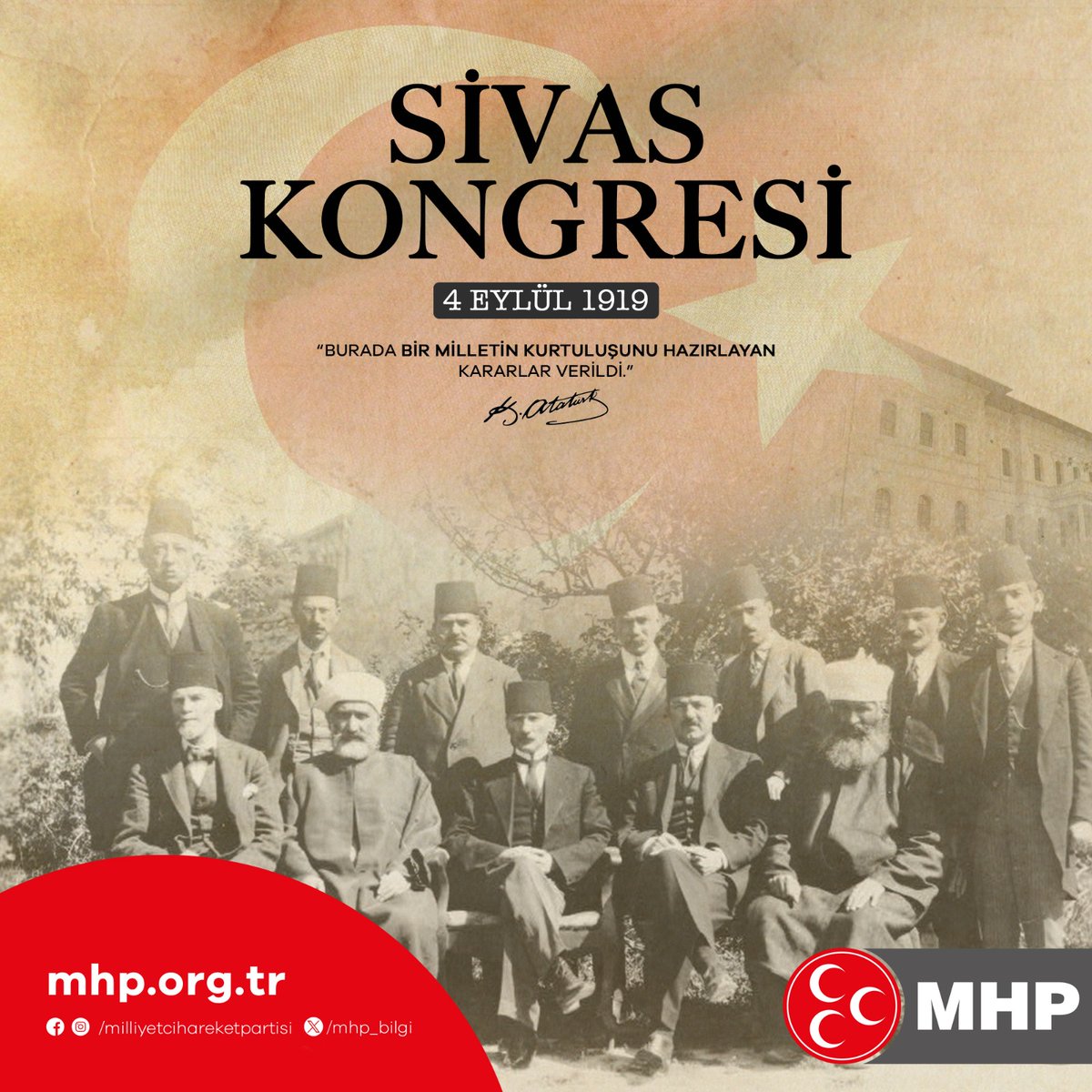 "105 Yıl Önce Bugün Sivas'ta, Türk Milletinin Bağımsızlık Meşalesini Yakan Ulu Önderimiz Gazi Mustafa Kemal ATATÜRK ve Silah Arkadaşlarını Rahmet ve Minnetle Anıyoruz."