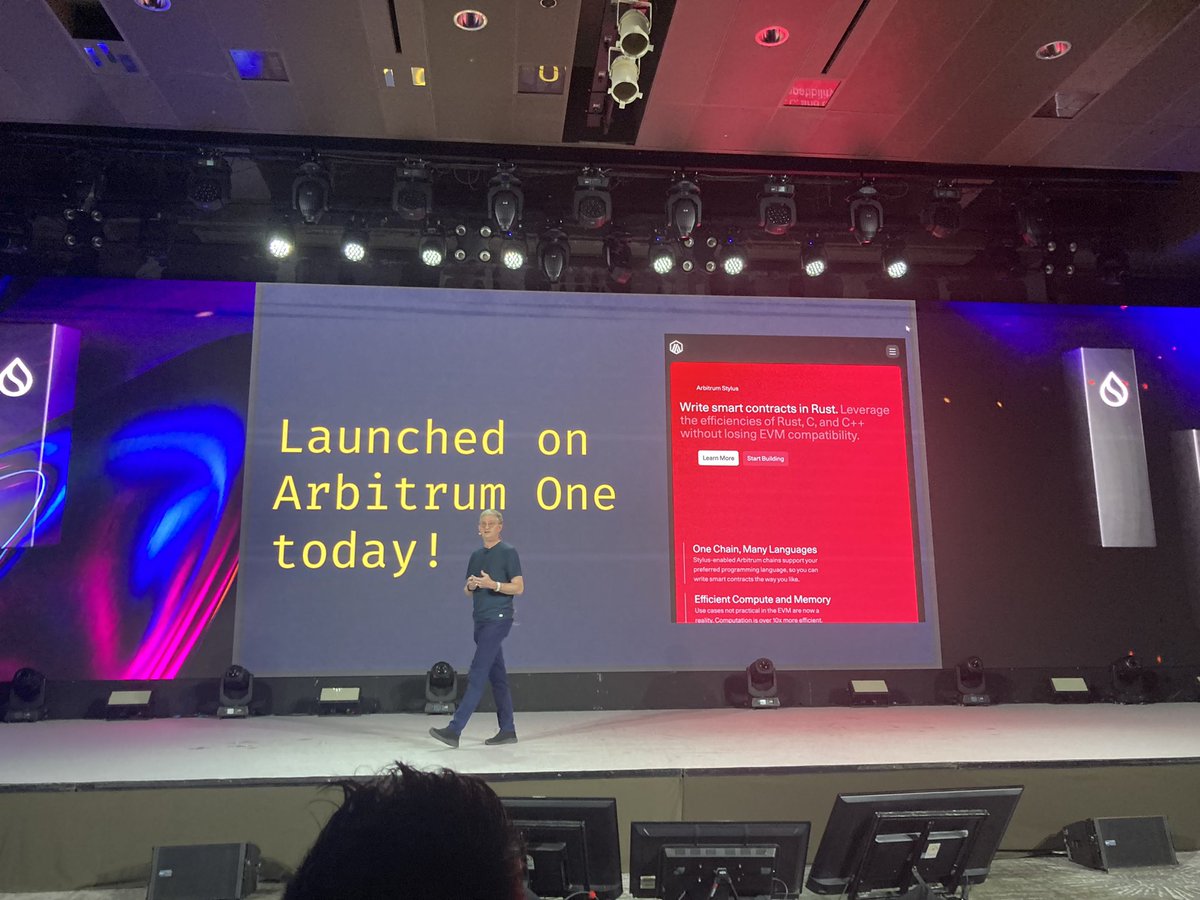 arbitrum's tweet photo. Stylus: Launched on Arbitrum One today!

@EdFelten kicking off Day 1 of Stylus with a fantastic keynote at Korea Blockchain Week!🇰🇷 https://t.co/ViKJcv9D7U