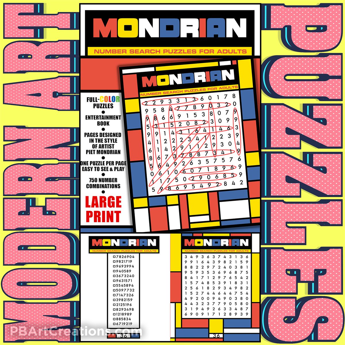 Mondrian style number search puzzles.
See it and more at PBArtCreations.com
#MondrianInspired #PuzzleBook #RelaxingPuzzles