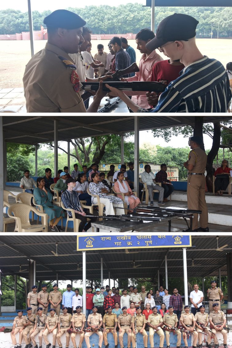 PBMATTI's tweet photo. 25 visually impaired students of Technical Training Institute of The Poona Blind Men's Association visited  SRPF on 22nd August 2024. They had a new experience of attending the band, seeing the weapons used by the police and explanation from SRPF police followed by tea. https://t.co/k2wZl1xEwN