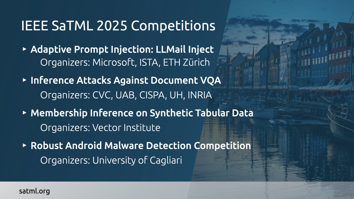 Konrad Rieck 🌈 (@mlsec) on Twitter photo We’re excited to announce this year’s competitions for <a href="/satml_conf/">SaTML Conference</a>! 🎉 Get ready for four fun challenges tackling prompt injection, data leakage, membership inference, and malware detection.
satml.org/competitions/
Let’s dive in!
🧵1/5 We’re excited to announce this year’s competitions for <a href="/satml_conf/">SaTML Conference</a>! 🎉 Get ready for four fun challenges tackling prompt injection, data leakage, membership inference, and malware detection.
satml.org/competitions/
Let’s dive in!
🧵1/5
