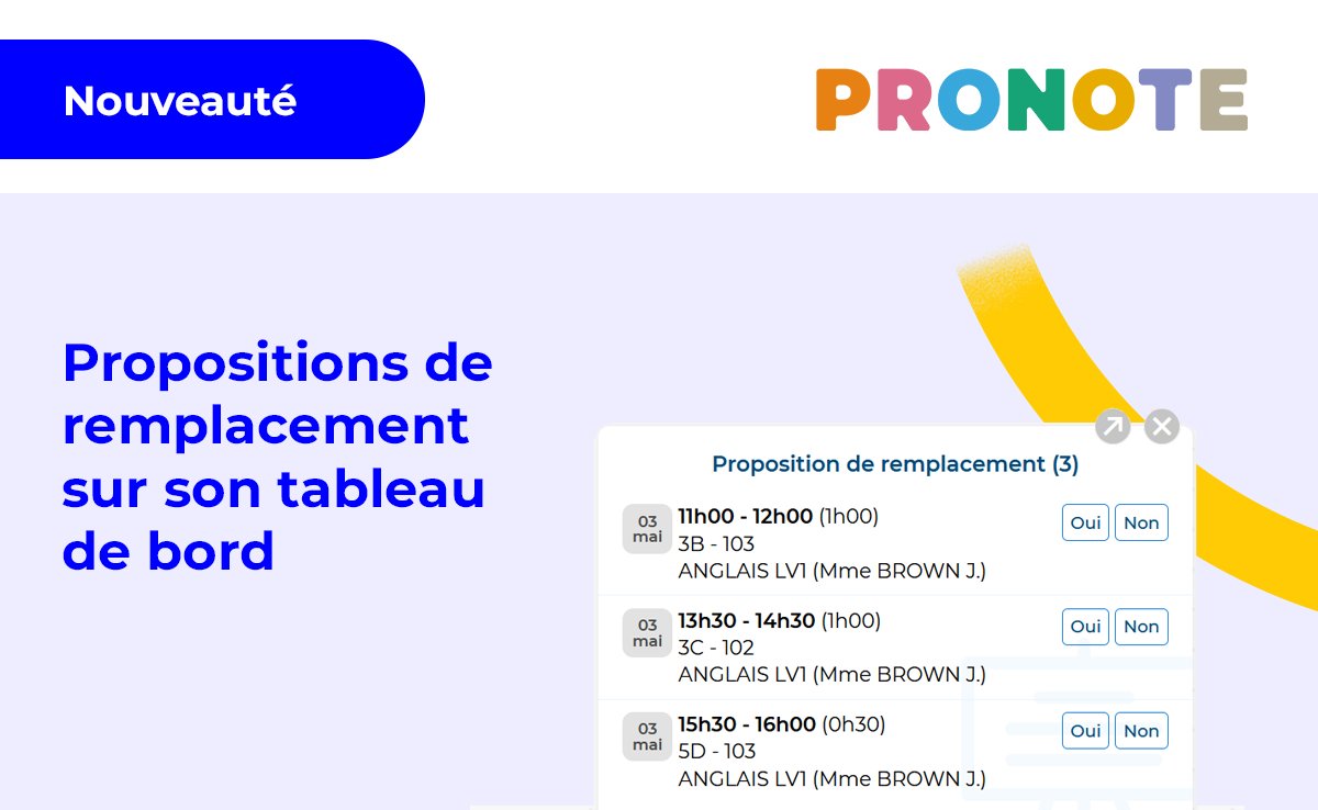 🆕 NOUVEAUTÉ PRONOTE 2024 #2 🚀
-- Spécial prof et perdir --
Il est maintenant possible de choisir les remplacements proposés depuis son tableau de bord : accepter, refuser, se porter volontaire.
#RCD
👉 l.doca.info/PQg250Tcuoh
