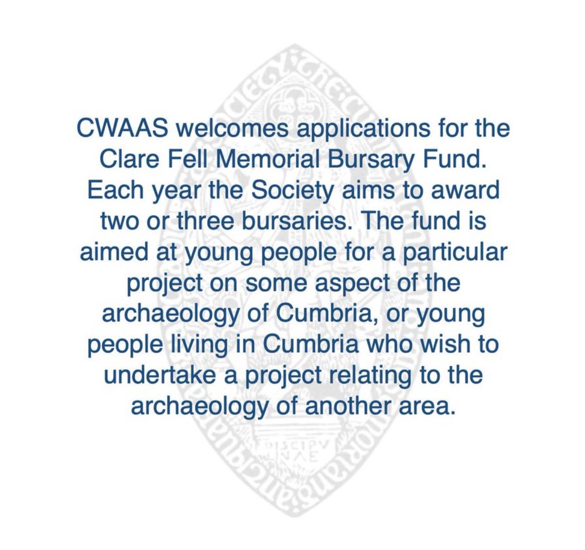 Please see the below for details of our fantastic Clare Fell Memorial Bursary Fund 

#funding #archaeology 

cumbriapast.com/cgi-bin/cwaas/…