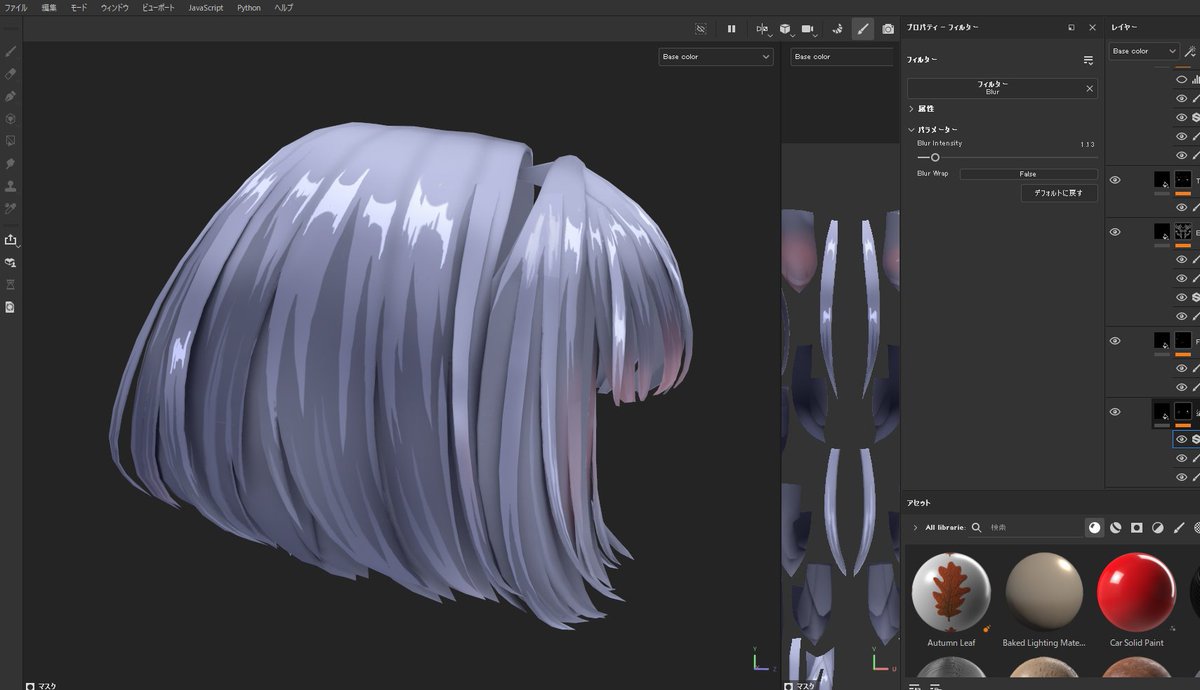 髪テクスチャ描き途中✍
得意なのはリアル系だけど、イラスト調のモデリングも好き。

#3DCG #SubstancePainter #WIP