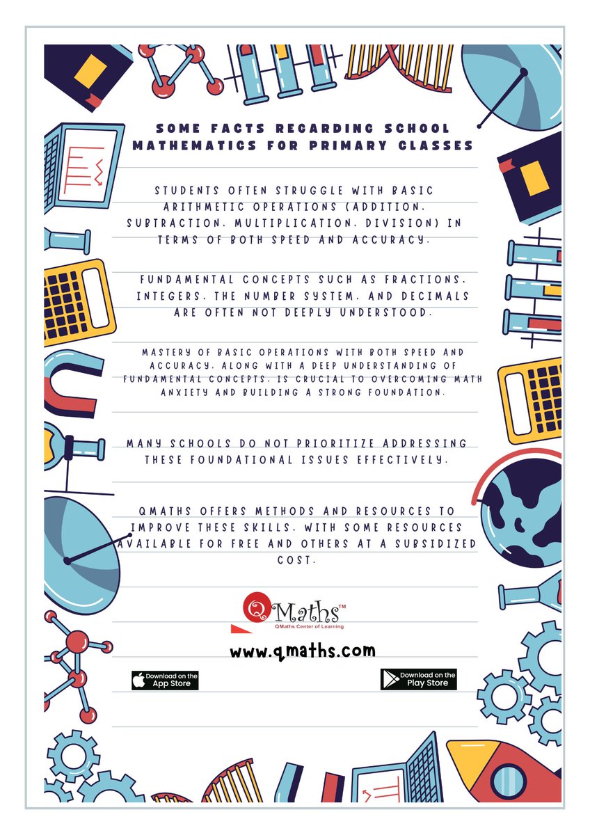QmathsChd's tweet image. Some facts regarding school mathematics for primary classes
We, at QMaths, have different methods for the improvement in these 8 chapters. Some of the resources are free and some others are provided at highly subsidized cost.
#MathEducation #PrimaryMath #BasicOperations