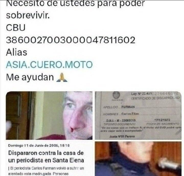 FurmanElias's tweet photo. Siendo las 4 de la madrugada y sin dormir recurro a la solidaridad de ustedes:Estoy censurado por denunciar corrupción k,sin trabajo y con una enfermedad incurable necesito de insumos,prótesis y demás para poder frenarla y calmar dolores.
Desesperado les pido por piedad ayuda🙏RT https://t.co/dv1fAXT0jo