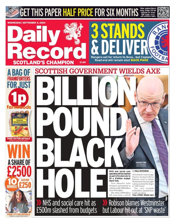 paulhutcheon's tweet image. Our front page this morning on the SNP Government cutting NHS and climate spending to plug their £1bn black hole.