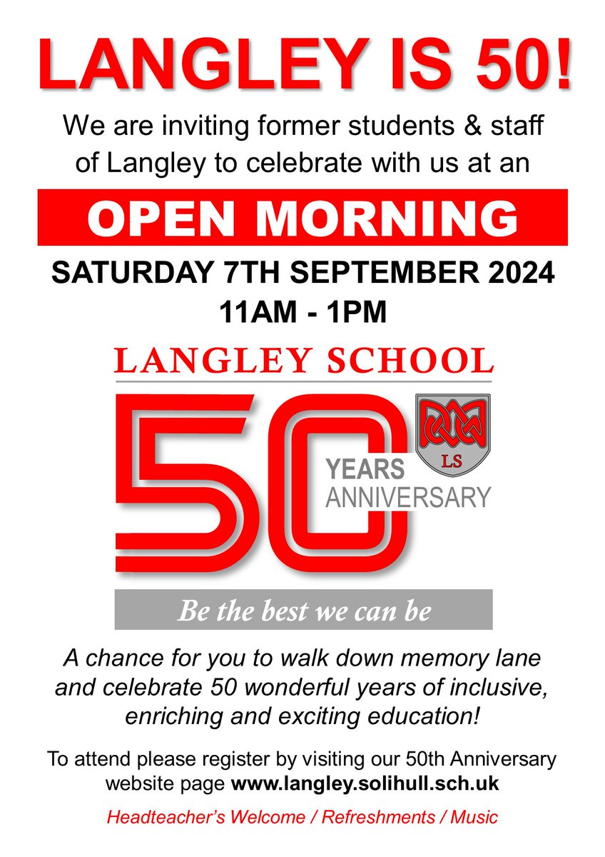 TODAY is our 50th Birthday! Langley opened on the 4th September 1974. To celebrate we're asking former staff &amp; students to join us at our Open Morning on Saturday 7th Sept 11am-1pm. 
Please click on the link to register forms.office.com/e/RAi6LgAFmZ