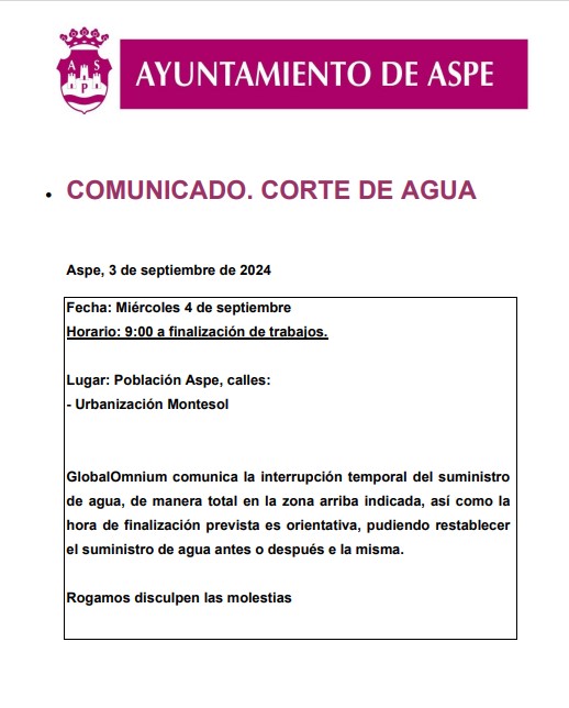#Aspe: Corte de agua