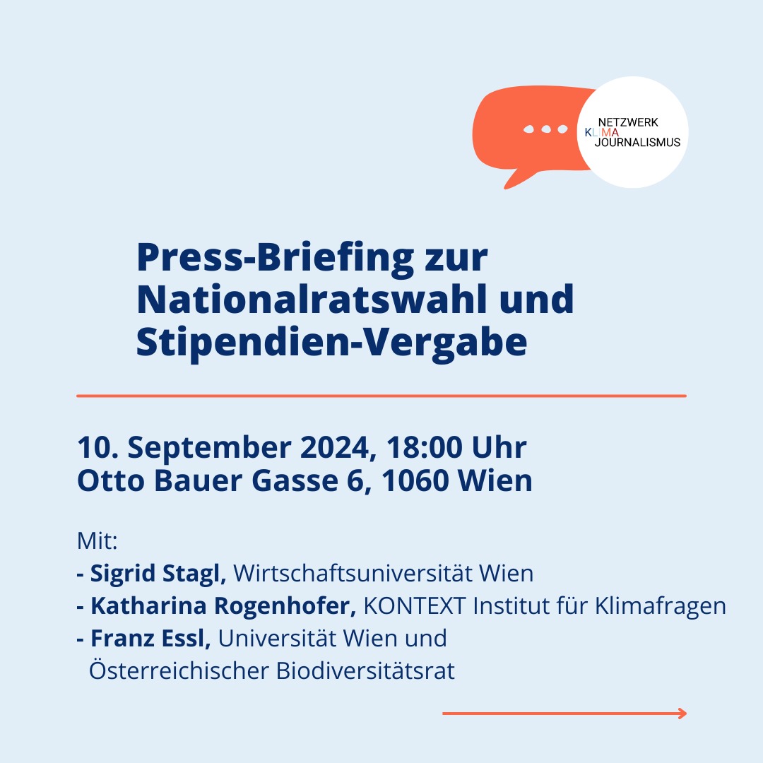 Netzwerk Klimajournalismus Österreich (@netzwerk_klima) on Twitter photo Gemeinsam mit dem <a href="/fjumwien/">fjum_forum journalismus und medien</a> veranstalten wir am 10.9. ein Press Briefing zur #Nationalratswahl – und wir vergeben zwei Stipendien. Danach gibt es Snacks & Getränke. 🥂
➡️ mit <a href="/SigridStagl/">Sigrid Stagl</a> <a href="/KRogenhofer/">Katharina Rogenhofer</a> & <a href="/FranzEssl1/">Franz Essl</a>
📅 10.9., 18 Uhr
👉 Jetzt anmelden: tally.so/r/mZl7Na Gemeinsam mit dem <a href="/fjumwien/">fjum_forum journalismus und medien</a> veranstalten wir am 10.9. ein Press Briefing zur #Nationalratswahl – und wir vergeben zwei Stipendien. Danach gibt es Snacks & Getränke. 🥂
➡️ mit <a href="/SigridStagl/">Sigrid Stagl</a> <a href="/KRogenhofer/">Katharina Rogenhofer</a> & <a href="/FranzEssl1/">Franz Essl</a>
📅 10.9., 18 Uhr
👉 Jetzt anmelden: tally.so/r/mZl7Na