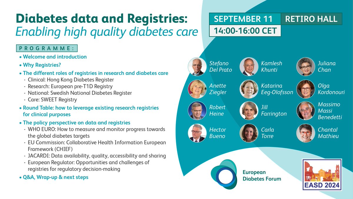 In exactly 1 week we will meet in Madrid during the <a href="/EASDnews/">EASD</a> Annual Meeting to discuss good practices and ongoing European projects in the field of diabetes data and registries. JOIN US!
<a href="/EASDnews/">EASD</a> <a href="/FEND_diabetes/">FEND</a> <a href="/ispad_org/">ISPAD</a> @JDRFAdvocacy <a href="/PCDEurope/">PCDiabetesEurope</a> <a href="/medtecheurope/">MedTech Europe</a> <a href="/EFPIA/">EFPIA</a>