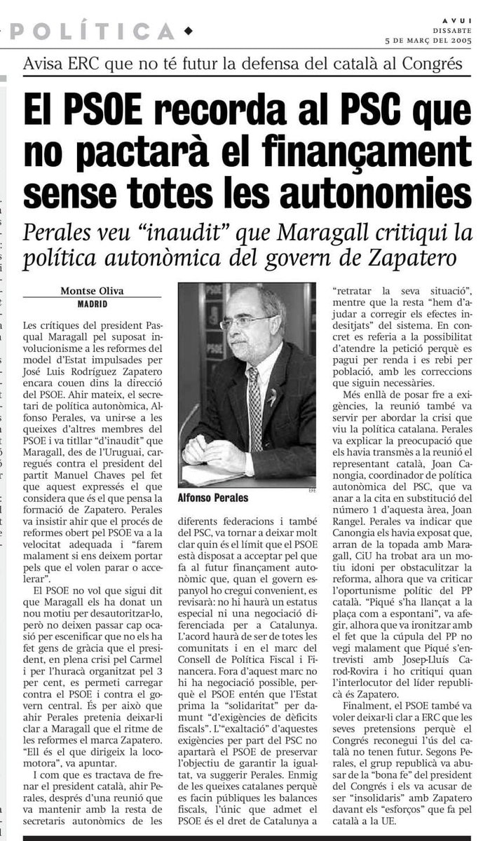 Les disputes sobre el finançament no ens agafen de bell nou. El 05/03/2005, el diari publicava el toc d'atenció al PSC per la política autonòmica. A banda, afirmaven que no hi hauria cap pacte que no fos consensuat per totes les comunitats.