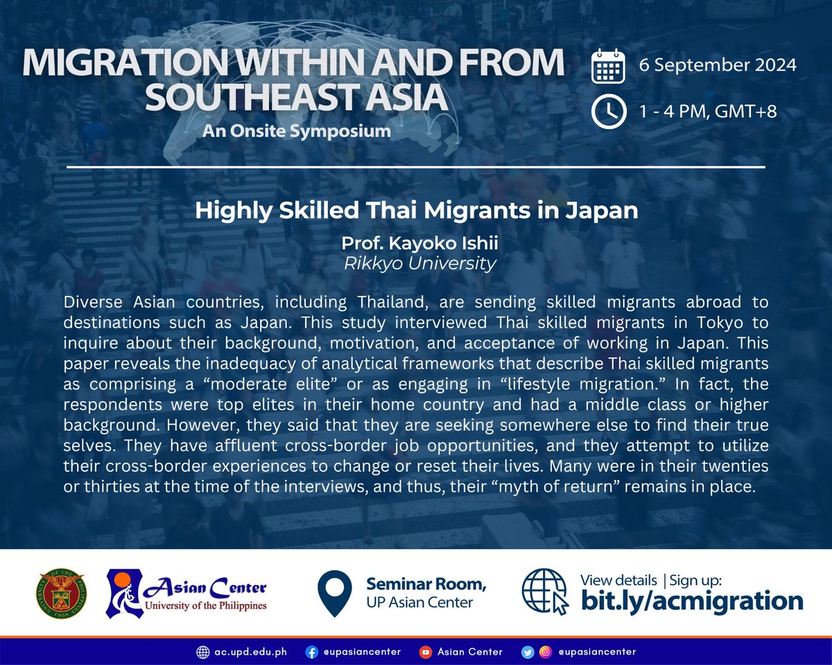 UP Asian Center (@upasiancenter) on Twitter photo Catch Prof. Kayoko Ishii from Rikkyo University, during the Symposium on ๐ ๐ถ๐ด๐ฟ๐ฎ๐๐ถ๐ผ๐ป ๐๐ถ๐๐ต๐ถ๐ป ๐ฎ๐ป๐ฑ ๐ณ๐ฟ๐ผ๐บ ๐ฆ๐ผ๐๐๐ต๐ฒ๐ฎ๐๐ ๐๐๐ถ๐ฎ on 6 September 2024, 1 PM (GMT+8) at the UP Asian Center. PRE-REGISTRATION is REQUIRED: bit.ly/acmigration Catch Prof. Kayoko Ishii from Rikkyo University, during the Symposium on ๐ ๐ถ๐ด๐ฟ๐ฎ๐๐ถ๐ผ๐ป ๐๐ถ๐๐ต๐ถ๐ป ๐ฎ๐ป๐ฑ ๐ณ๐ฟ๐ผ๐บ ๐ฆ๐ผ๐๐๐ต๐ฒ๐ฎ๐๐ ๐๐๐ถ๐ฎ on 6 September 2024, 1 PM (GMT+8) at the UP Asian Center. PRE-REGISTRATION is REQUIRED: bit.ly/acmigration