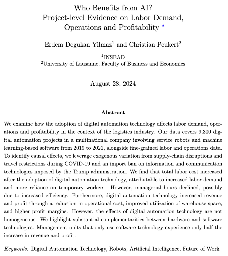 Christian Peukert (@cpeukert) on Twitter photo New paper: We study the effects of the global rollout of robots and AI in a major logistics company (with <a href="/e_dogukanyilmaz/">Erdem Dogukan Yılmaz</a>). The link to the paper is below. New paper: We study the effects of the global rollout of robots and AI in a major logistics company (with <a href="/e_dogukanyilmaz/">Erdem Dogukan Yılmaz</a>). The link to the paper is below.