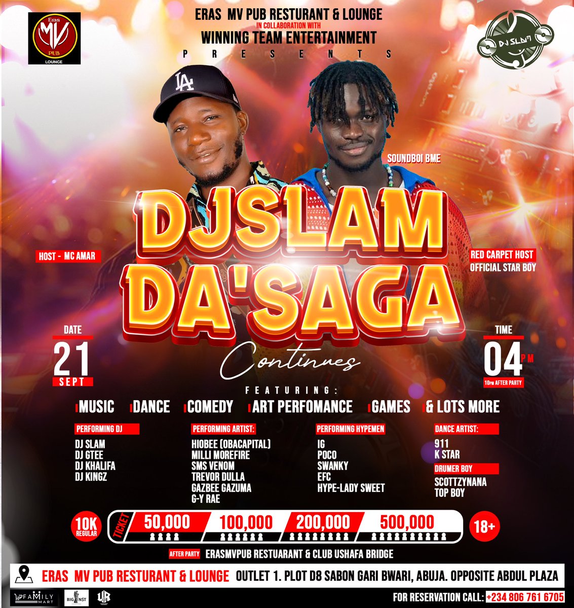 djslam70's tweet photo. Dj Slam the Saga continues!!! Anticipate and save the date 21st of September abuja bwari, with @soundboi_bme 

#winningteamentertainment #abujaconcert #OTBS #musicconcert #abujapartystarter #LaCasaDeLosFamosoMx https://t.co/J62tkWiTit