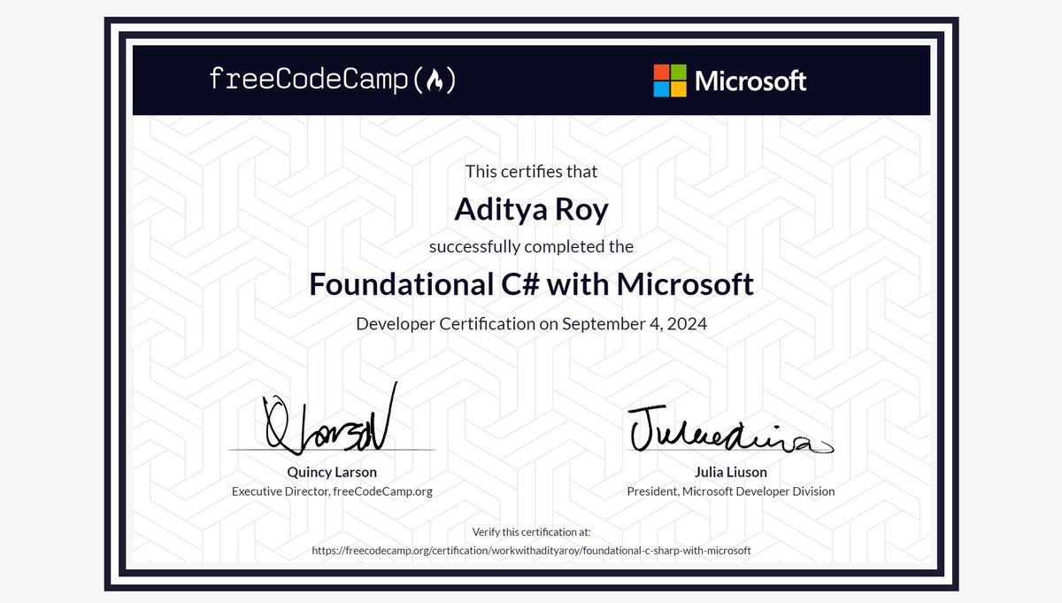 codebyadityaroy's tweet image. Hey coding enthusiasts! Just got certified in Foundational C# with @Microsoft on @freeCodeCamp!
This course was fantastic, and I highly recommend it to anyone looking to get started with C#.
What are you waiting for? Ready. Steady. Code.🧑💻
#csharp #certification #freecodecamp