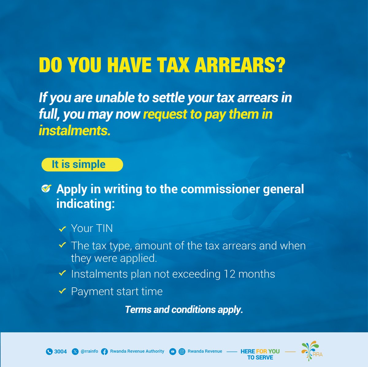 Waba ufite ibirarane udashobora kwishyurira rimwe? Dore uko wasaba kubyishyura mu byiciro.
-------------------------------------------
Do you have tax arrears you are unable to settle in full? Here is how you can request to pay in instalments.