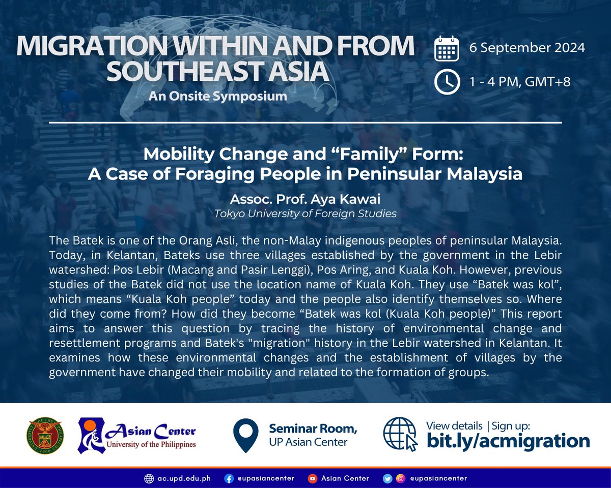 UP Asian Center (@upasiancenter) on Twitter photo Listen and watch Assoc Prof. Aya Kawai from Tokyo University of Foreign Studies! Join the Symposium on ๐ ๐ถ๐ด๐ฟ๐ฎ๐๐ถ๐ผ๐ป ๐๐ถ๐๐ต๐ถ๐ป ๐ฎ๐ป๐ฑ ๐ณ๐ฟ๐ผ๐บ ๐ฆ๐ผ๐๐๐ต๐ฒ๐ฎ๐๐ ๐๐๐ถ๐ฎ on 6 September 2024, 1 PM (GMT+8) at the UP Asian Center: bit.ly/acmigration Listen and watch Assoc Prof. Aya Kawai from Tokyo University of Foreign Studies! Join the Symposium on ๐ ๐ถ๐ด๐ฟ๐ฎ๐๐ถ๐ผ๐ป ๐๐ถ๐๐ต๐ถ๐ป ๐ฎ๐ป๐ฑ ๐ณ๐ฟ๐ผ๐บ ๐ฆ๐ผ๐๐๐ต๐ฒ๐ฎ๐๐ ๐๐๐ถ๐ฎ on 6 September 2024, 1 PM (GMT+8) at the UP Asian Center: bit.ly/acmigration