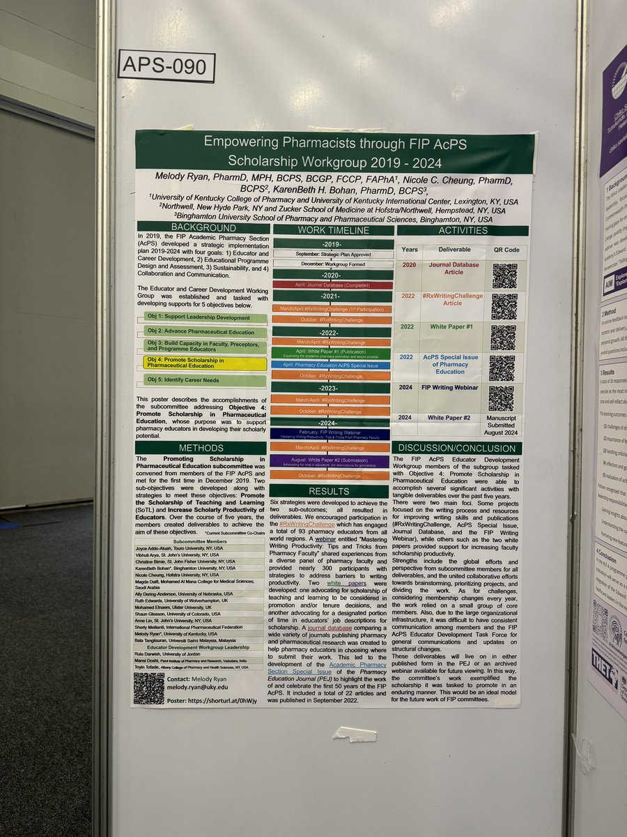 MelodyRyan's tweet image. Come see what the @FIP_AcPS Scholarship in Pharmacy Education Workgroup has been up to!  @khbohan and I are waiting to talk to you at poster APS-090. #FIP2024