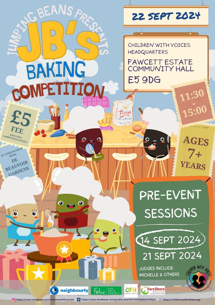 Join the Jumping Beans Baking
Competition!
📅Pre-Event Baking Sessions:
Sat 14 Sep11:30-15:00
Sat 21 Sep11:30-15:00
📍Kingsgate Estate &amp; Garden, Ages 7+ £5 Fee Deadline: 11 Sep
Learn from pros, make treats, and compete!All ingredients and cooking materials provided
Limited spots