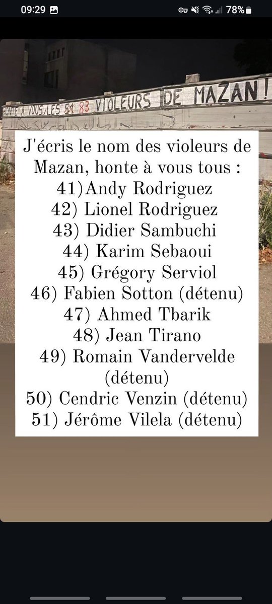 Voici les noms des violeurs dans le procès de #Mazan #SoumissionChimique
Force inconditionnelle à Gisèle Pelicot et tous ses proches qui sont auprès d'elle et qui la soutiennent dans cette épreuve 🫶🏻 LA HONTE DOIT CHANGER DE CAMPS #JeSoutiensGiselePelicot