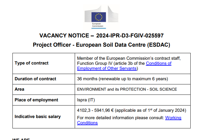 ⚠️Job alert. We are looking for a scientist with PhD 🎓degree OR at least 5 years job-related experience in #soil science, #earth sciences, #data,  #AI or #SpatialData &amp; #RemoteSensing. Will work on 🇪🇺 Soil Monitoring system, Geostatistics, #bigdata  recruitment.jrc.ec.europa.eu/vacancy/1198