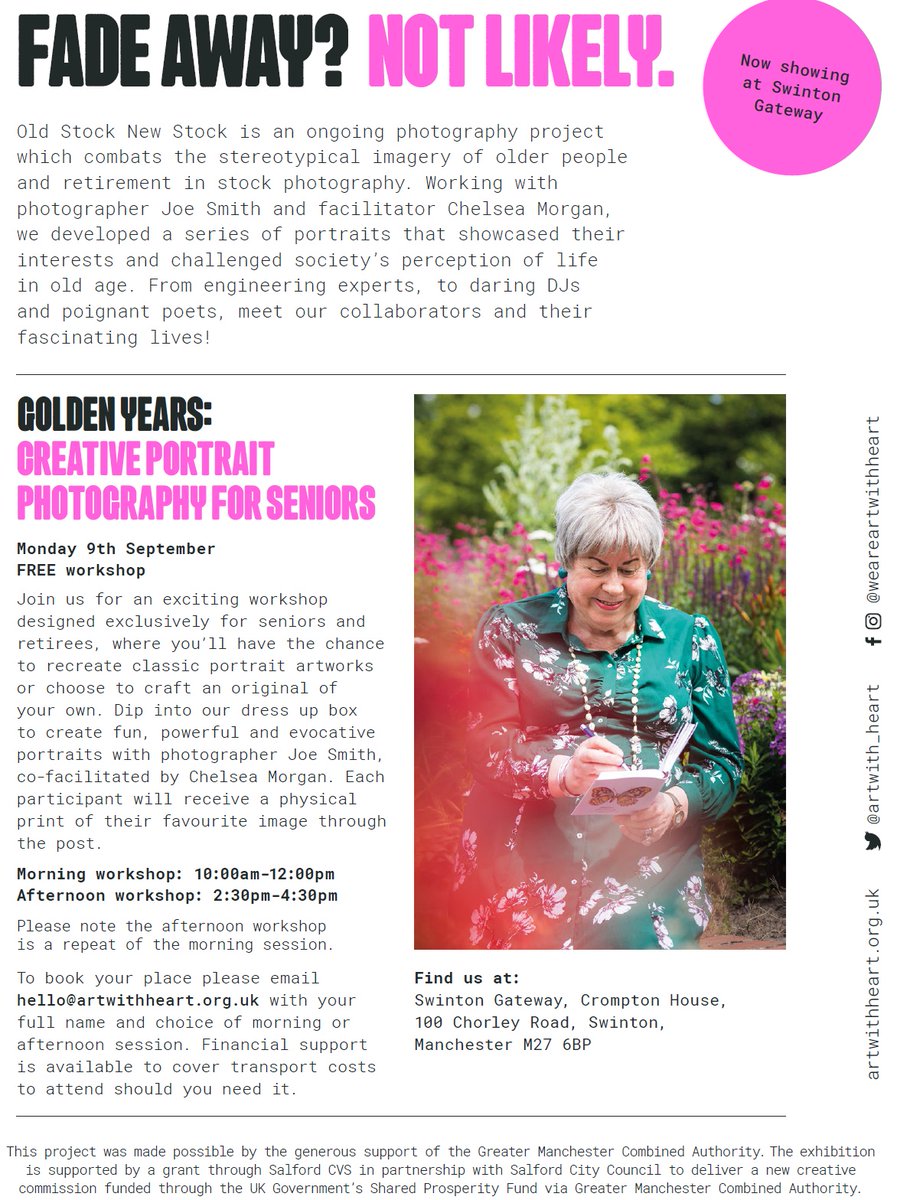 There's a photography workshop for seniors at Swinton Gateway in Salford on Monday 9th September. It's free to attend. There's also  a travel bursary for anyone who would like to attend but would need support with travel expenses. See leaflet for details.