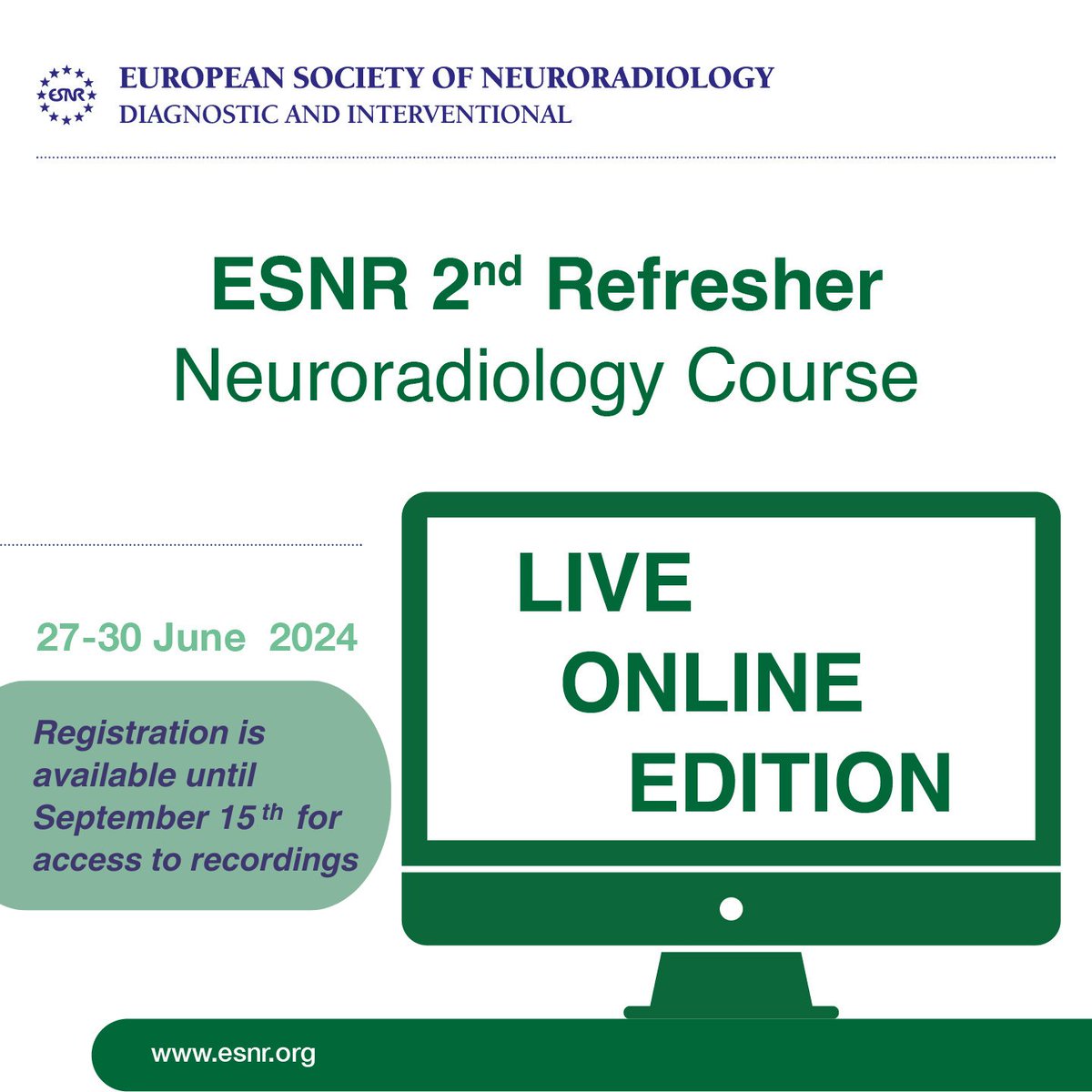 ESNRad's tweet photo. Do you want to watch ESNR Refresher Course?
Sessions were recorded and are available to registered participants until 30th September.
You can still register to the course to access the recordings.
https://t.co/oJamcfSBk1
#Neurorad #ThisIsESNR #ECNR https://t.co/7Hw9OOkcze