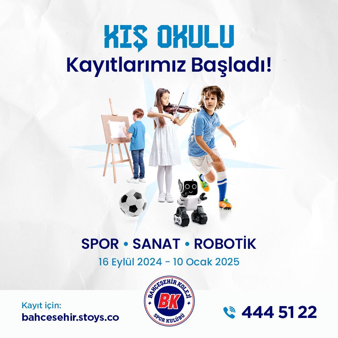 Spor, Sanat ve Robotik alanlarında, eğlenirken öğreneceğin eğitimlerin yer aldığı Kış Okulu kayıtlarımız başladı! 🏅🎨🤖

Kayıt için #SıraSende 👉🏻bahcesehir.stoys.co