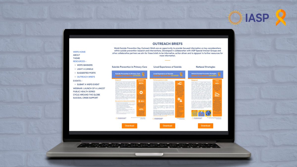 For focused information on key considerations within suicide prevention research &amp; interventions, please visit our website to explore outreach briefs. Developed in collaboration with our Special Interest Groups

bit.ly/3MAnHfT

#WSPD2024 #StartTheConversation