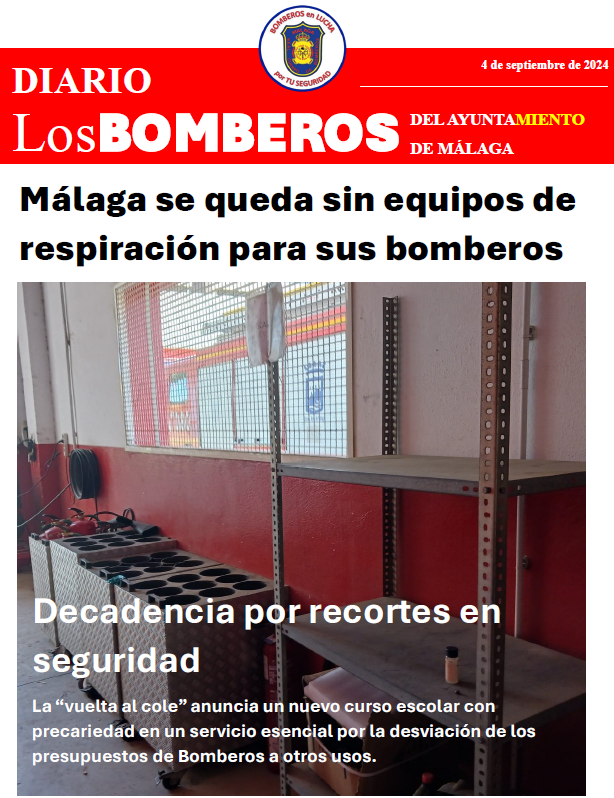 encierrobombmlg's tweet photo. Buenos días. Hoy en la portada de nuestro diario 📰 destacamos la falta de equipos de respiración autónomos (botellas y máscaras de aire) por la falta de inversión en #Bomberos.

Sin contratar las revisiones obligatorias, pretenderá @pacodelatorrep que usemos equipos sin revisar. https://t.co/MbwLxa3B6b