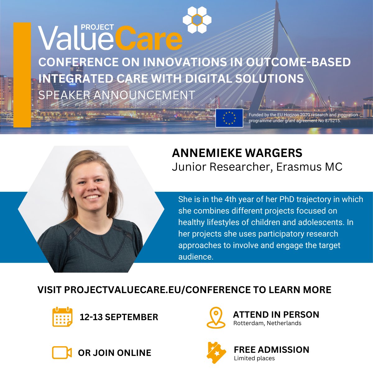 ValueCare (@valuecare_eu) on Twitter photo ⚠️Project ValueCare Final Event Speaker Announcement⚠️
We are delighted to share that Annemieke Wargers, Junior Researcher at <a href="/ErasmusMC/">Erasmus MC</a>, will be speaking at the Final ValueCare Event.
Register now!
📅 12 - 13 September
📍Rotterdam & Online
🔗ow.ly/lfCX50SCk2p ⚠️Project ValueCare Final Event Speaker Announcement⚠️
We are delighted to share that Annemieke Wargers, Junior Researcher at <a href="/ErasmusMC/">Erasmus MC</a>, will be speaking at the Final ValueCare Event.
Register now!
📅 12 - 13 September
📍Rotterdam & Online
🔗ow.ly/lfCX50SCk2p