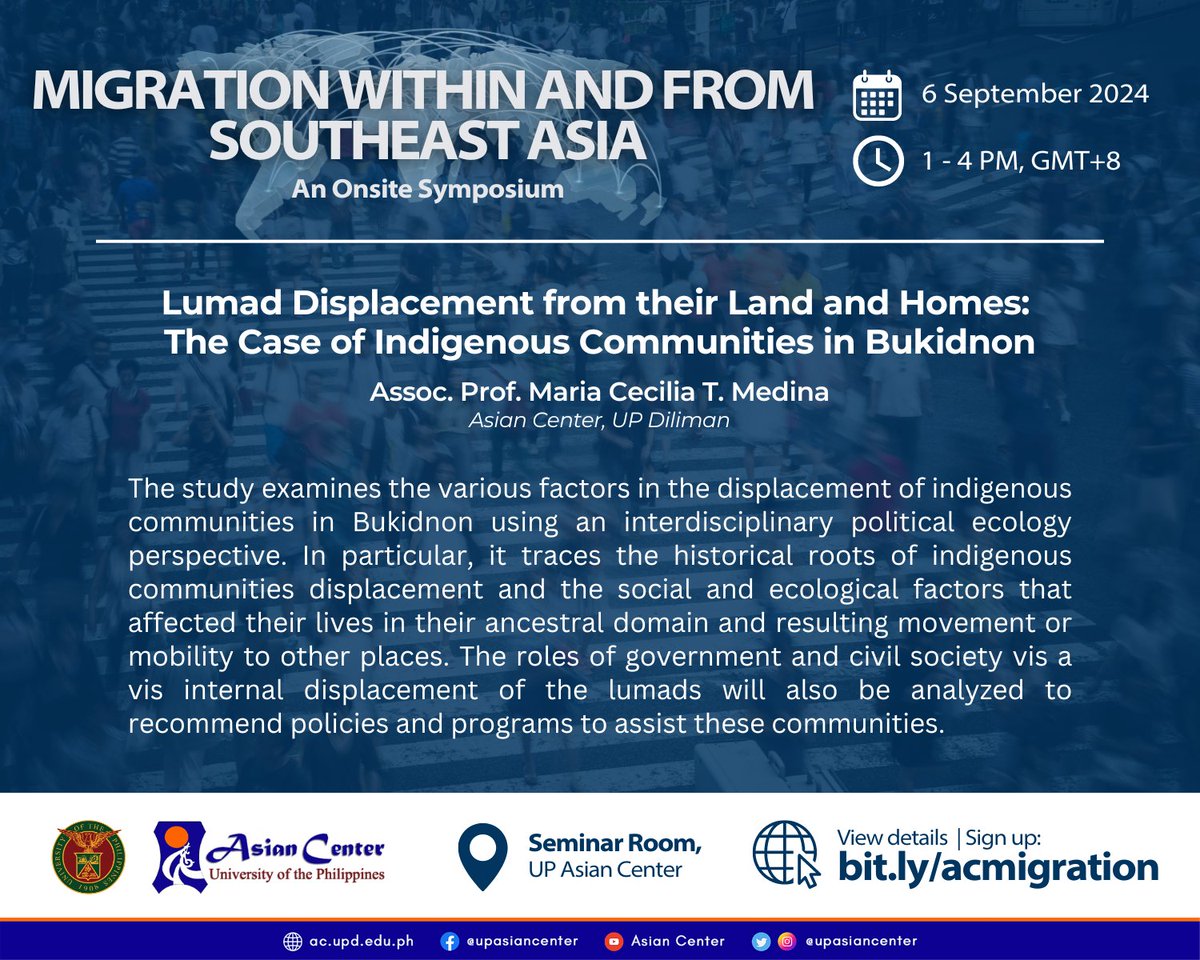 UP Asian Center (@upasiancenter) on Twitter photo Listen to AC's very own, Assoc. Prof. Maria Cecilia Medina during the Symposium on ๐ ๐ถ๐ด๐ฟ๐ฎ๐๐ถ๐ผ๐ป ๐๐ถ๐๐ต๐ถ๐ป ๐ฎ๐ป๐ฑ ๐ณ๐ฟ๐ผ๐บ ๐ฆ๐ผ๐๐๐ต๐ฒ๐ฎ๐๐ ๐๐๐ถ๐ฎ on 6 September 2024, 1 PM (GMT+8) at the UP Asian Center. View details and sign up! bit.ly/acmigration Listen to AC's very own, Assoc. Prof. Maria Cecilia Medina during the Symposium on ๐ ๐ถ๐ด๐ฟ๐ฎ๐๐ถ๐ผ๐ป ๐๐ถ๐๐ต๐ถ๐ป ๐ฎ๐ป๐ฑ ๐ณ๐ฟ๐ผ๐บ ๐ฆ๐ผ๐๐๐ต๐ฒ๐ฎ๐๐ ๐๐๐ถ๐ฎ on 6 September 2024, 1 PM (GMT+8) at the UP Asian Center. View details and sign up! bit.ly/acmigration