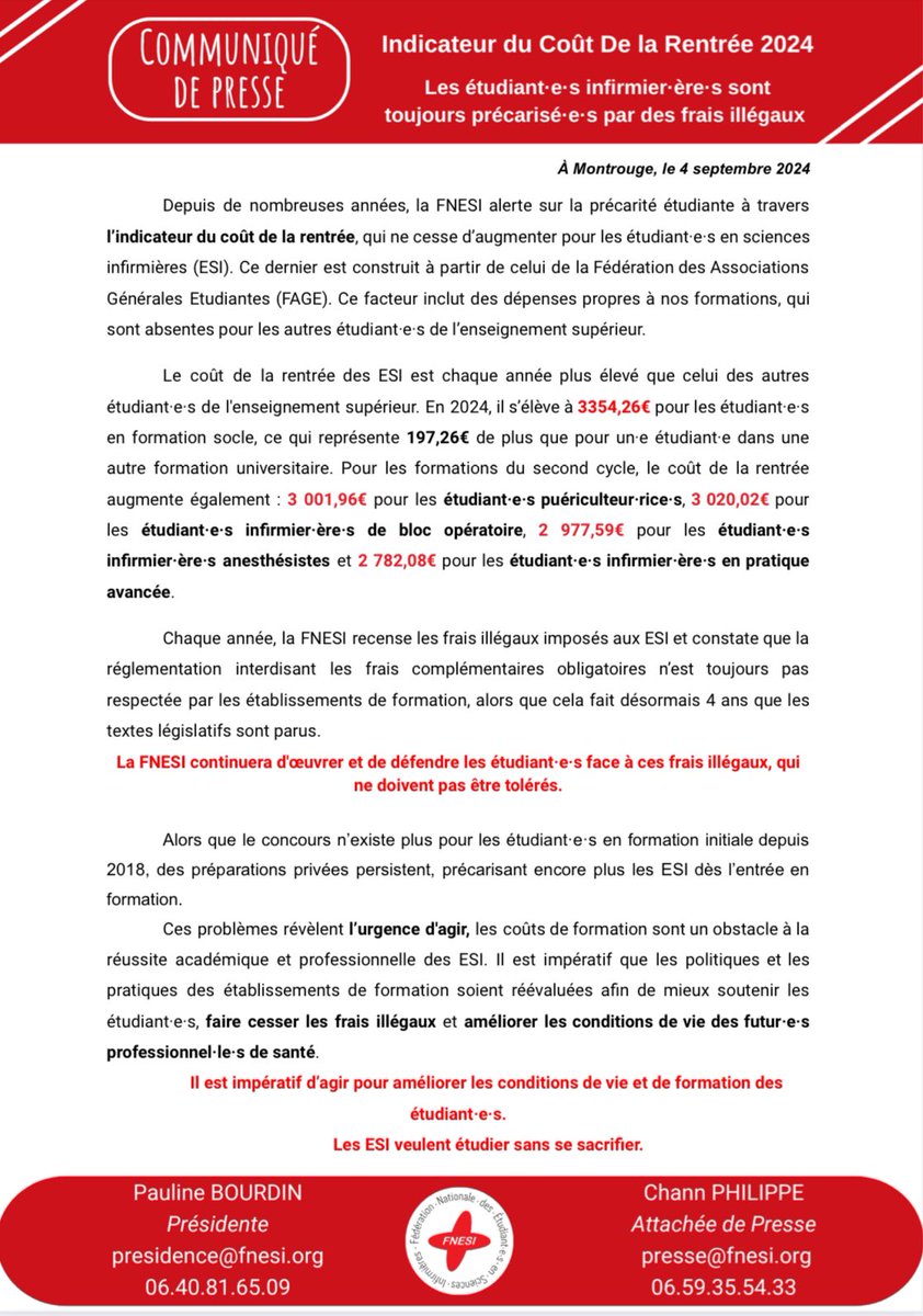 #CDR24 | 🚨 Les #étudiants infirmiers toujours précarisés par les frais illégaux

❌ Un étudiant #infirmier doit prévoir 3 354,26€ pour la rentrée 2024

📈Une Augmentation de 5,38%

Les étudiants souffrent de l’augmentation des coûts, sans revalorisation des aides sociales