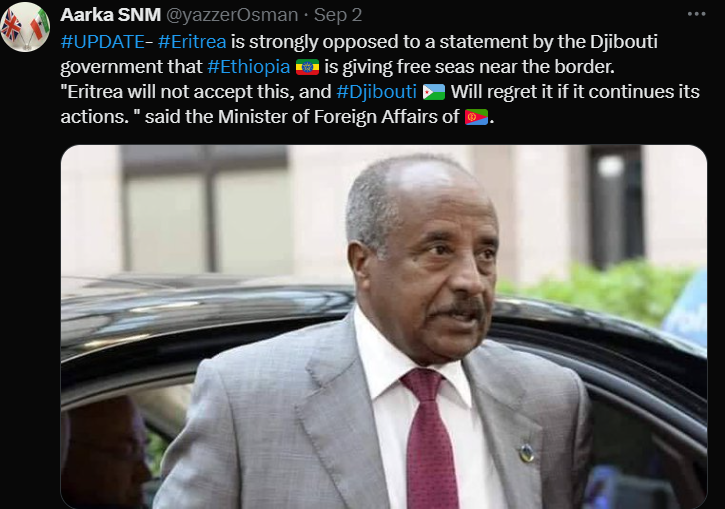Aribanob's tweet photo. What is the problem when a sovereign country #Djibouti making a deal with #Ethiopia on how it can give Ethiopia sea access? 

During the 2018 fake peace deal between #Afeworki of #Eritrea and #AbiyAhmedAli of #Ethiopia, without consultation to any institution and plan dictator Afeworki publicly announced Eritrea and Ethiopia are going to be one country (ካብ ሕጂ ንንዮው ኤርትራን ኢቶጵያን ክልተ ሃገራት እየን ኢሉ . . .) and in their short honeymoon worked towards Conferderation including #Somali. Then Prime minister Abiy Ahmed declared publicly that port of #Assab was promised to Ethiopia as a ransom.  

None of the Eritrean nationalists ተደምረናል, mostly diaspora, protested against this move. Pro-democracy Eritreans said enough is enough #ይኣክል was born። 
And now, when Djibouti proposed a deal, #Eritreans are saying no. 
@AmanuelERI1 ናትና ንህብ፡ ዘይናትና ኣይንህብን። ኣብ ናትና ኣያ ዚበሎ እዩ፡ ኣብ ዘይናትና ግን ከም መልሓስና። 
PM Abiy, President Afwerki officiate reopening of Eritrean embassy in Addis Ababa (https://t.co/UQfhdi4k06)