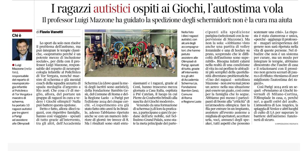 Policlinico Tor Vergata (@ptvonline2001) on Twitter photo I ragazzi autistici ospiti ai Giochi, l’autostima vola. Insieme al gruppo c'era anche <a href="/ProfMazzone/">Luigi Mazzone</a> direttore della nostra Neuropsichiatria Infantile
<a href="/Corriere/">Corriere della Sera</a> <a href="/unitorvergata/">UniversitĂ di Roma Tor Vergata</a> <a href="/ProgettoAita/">Progetto AITA onlus</a>
👇
corriere.it/digital-editio… I ragazzi autistici ospiti ai Giochi, l’autostima vola. Insieme al gruppo c'era anche <a href="/ProfMazzone/">Luigi Mazzone</a> direttore della nostra Neuropsichiatria Infantile
<a href="/Corriere/">Corriere della Sera</a> <a href="/unitorvergata/">UniversitĂ di Roma Tor Vergata</a> <a href="/ProgettoAita/">Progetto AITA onlus</a>
👇
corriere.it/digital-editio…